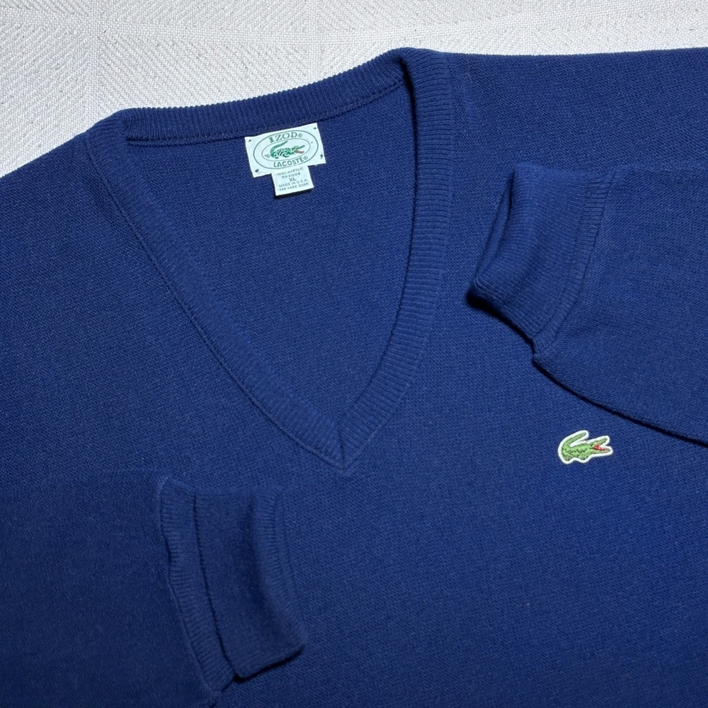 Vintage 90s Izod Lacoste Sweater Mens XL V-Neck Acrylic Knit Navy Blue Preppy